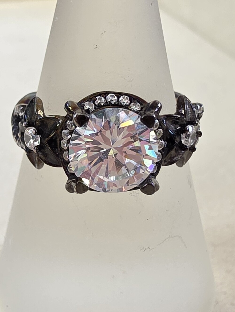 Sterling Silver Cubic Zirconia Halo Ring in Dark Metal Finish • Size 7 • 4.00g